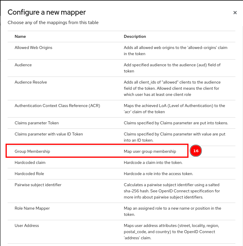 The Keycloak mapper popup with the Group Membership mapper highlighted.